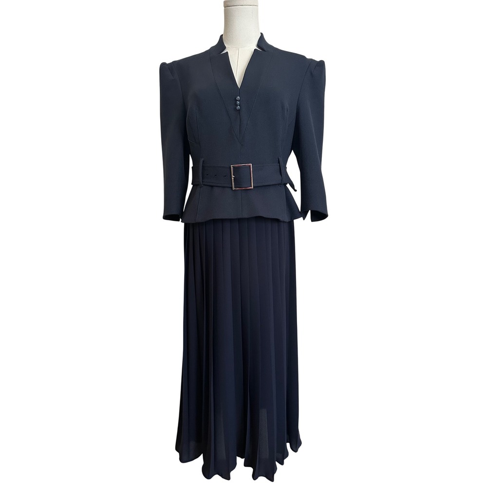 Karen Millen Petite Navy Blue Belted Peplum Pleated Midi Dress US 8 UK 12